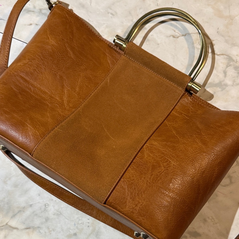Chic Brown Leather and Suede Shoulder Bag with Gold Accents